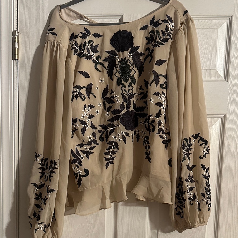 Free People Beige Blouse with Black Floral Embroidery